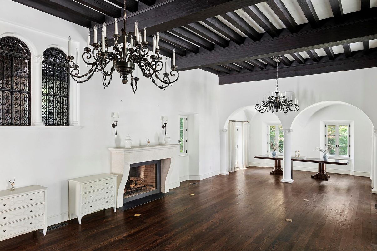 Chandelier, Empty room, Fireplace, Interior, Pendant Lights, Wooden Beams, Wood Texture Flooring