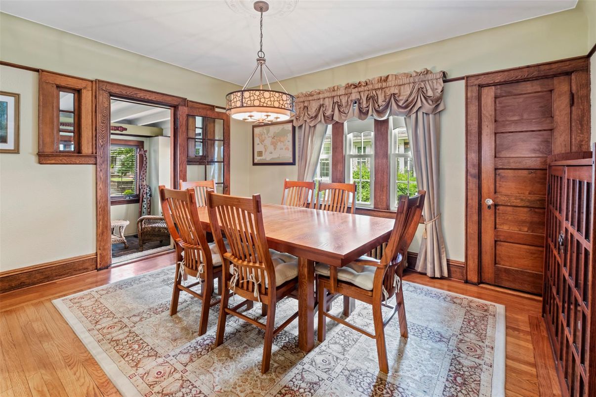 Dining room, Interior, Pendant Lights, Wood Texture Flooring