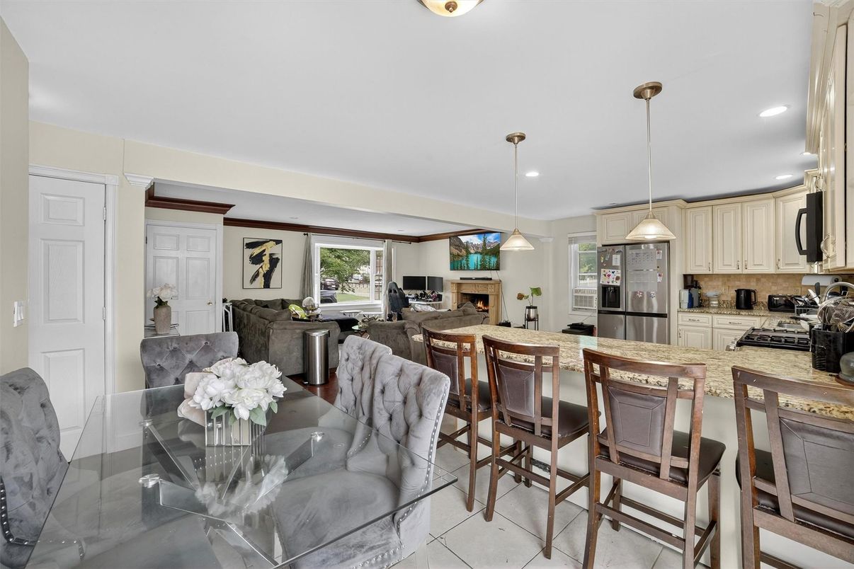 Dining room, Fireplace, Interior, Kitchen, Living room, Pendant Lights, Recessed Lighting