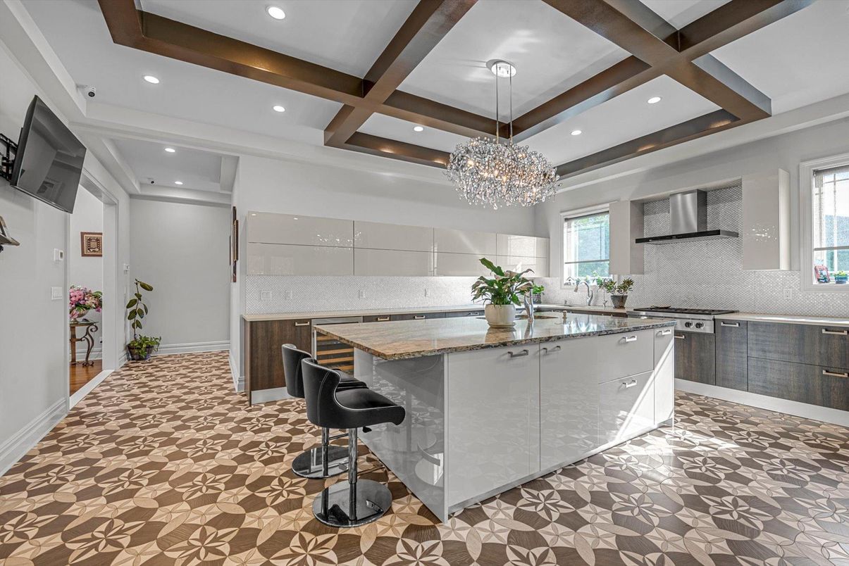 Chandelier, Interior, Kitchen, Recessed Lighting, Stainless Steel Appliances, Wooden Beams