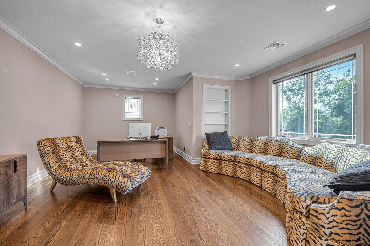 Chandelier, Home Office, Interior, Recessed Lighting, Wood Texture Flooring