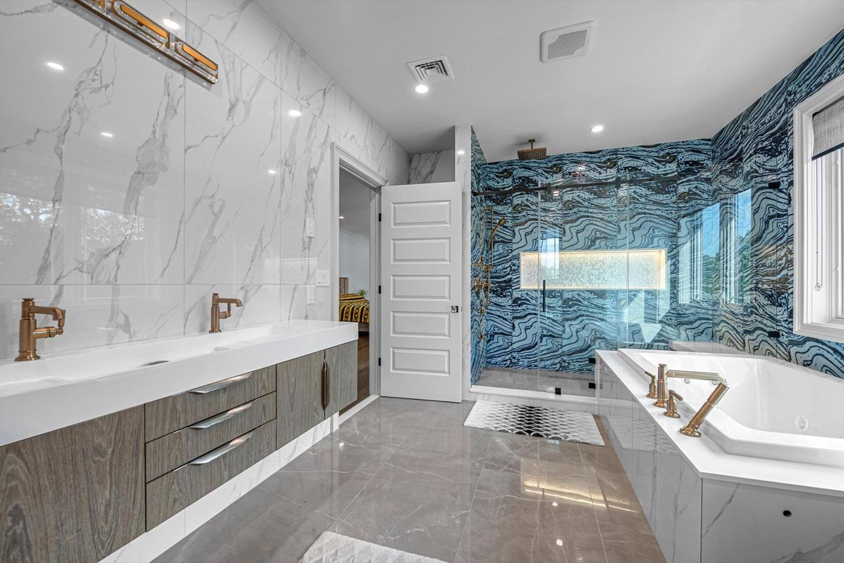 Bathroom, Glass Shower, Interior, Marble Walls, Recessed Lighting