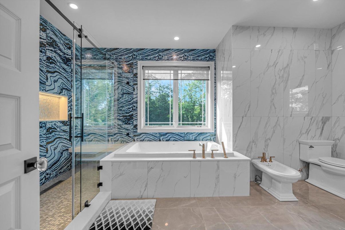 Bathroom, Glass Shower, Interior, Marble Walls, Recessed Lighting