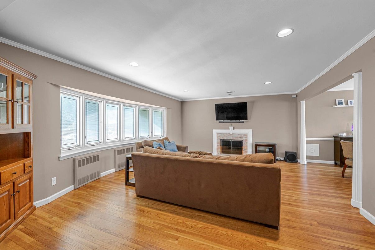Fireplace, Interior, Living room, Recessed Lighting, Wood Texture Flooring