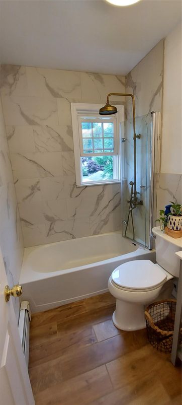 Bathroom, Interior, Marble Walls, Wood Texture Flooring