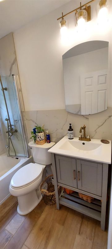 Bathroom, Interior, Marble Walls, Wood Texture Flooring