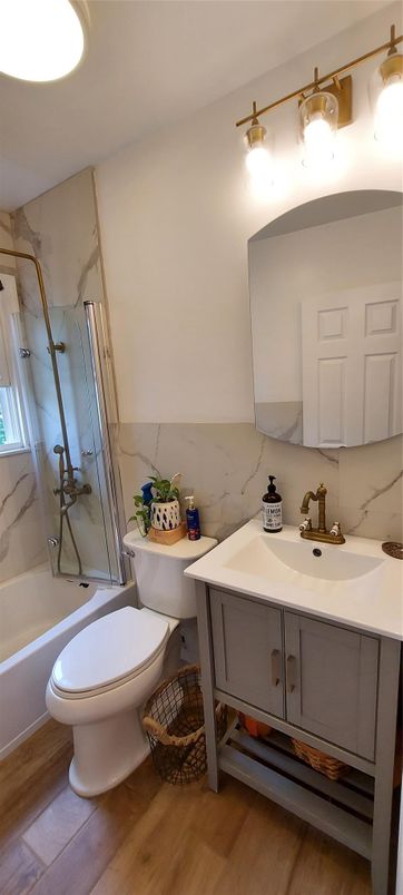 Bathroom, Interior, Marble Walls, Wood Texture Flooring