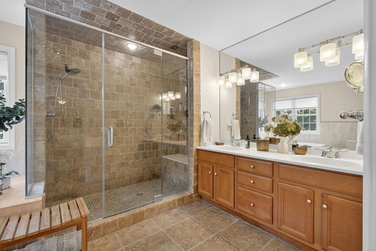 Bathroom, Dual Sink Vanities, Glass Shower, Interior, Stone Walls