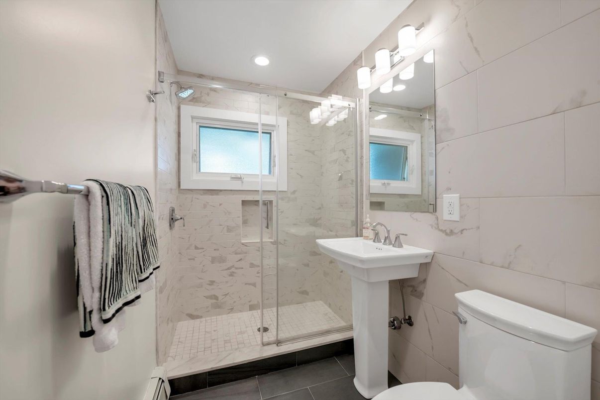 Bathroom, Glass Shower, Interior, Marble Walls, Recessed Lighting