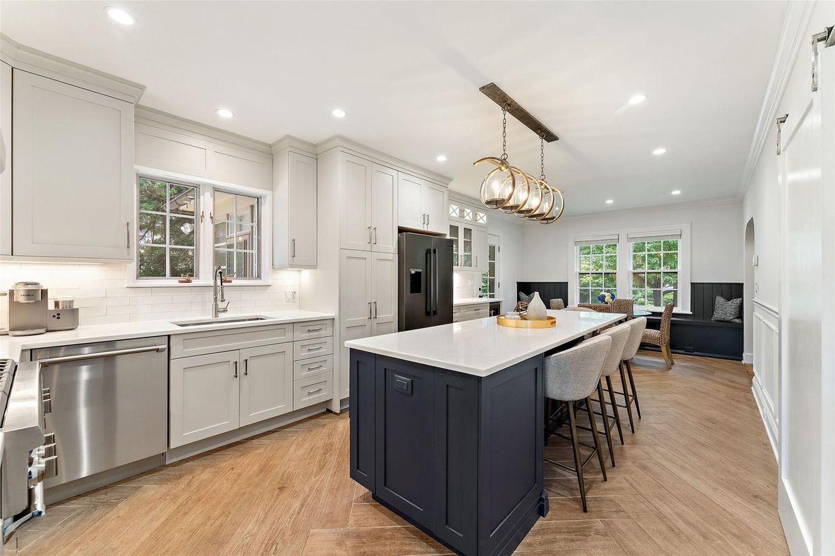 Interior, Kitchen, Pendant Lights, Recessed Lighting, Stainless Steel Appliances, Wood Texture Flooring