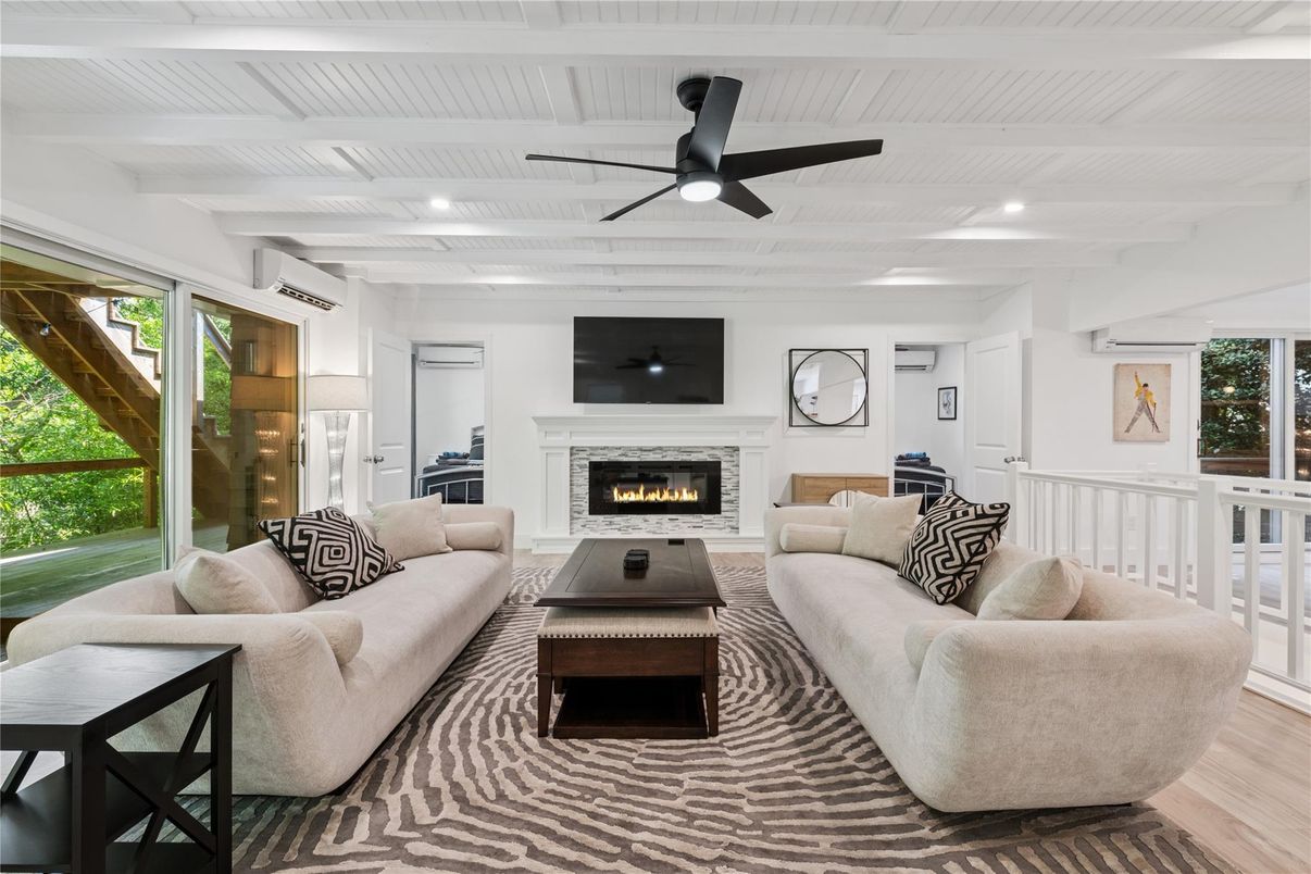 Fireplace, Interior, Living room, Recessed Lighting, Wood Texture Flooring