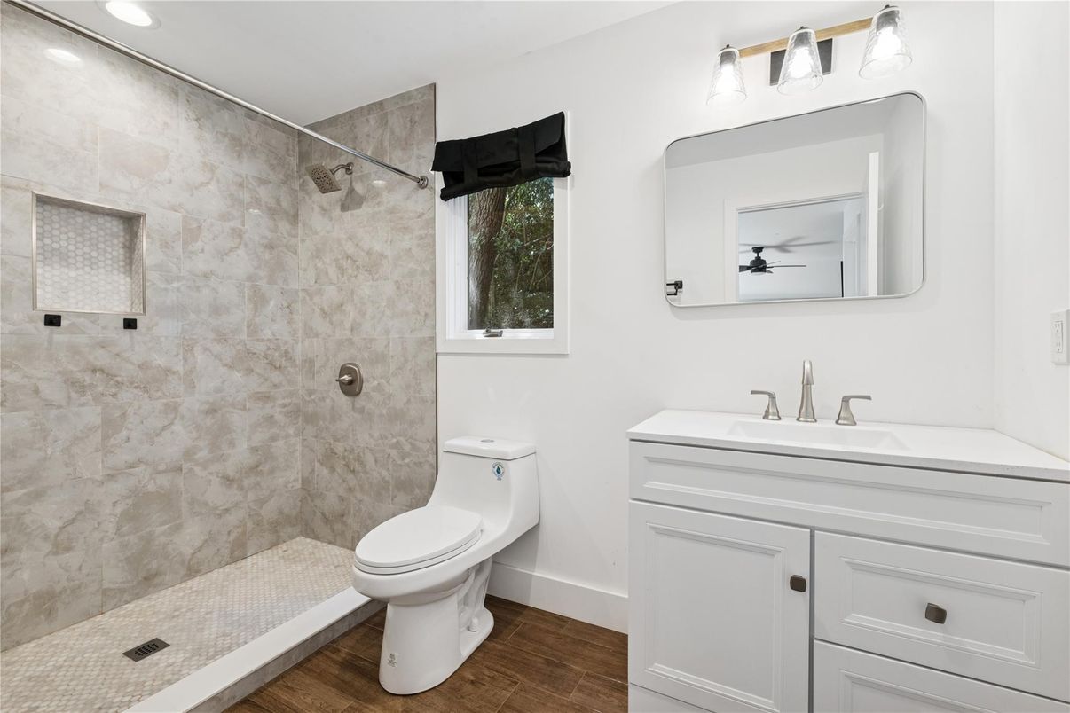 Bathroom, Glass Shower, Interior, Recessed Lighting, Wood Texture Flooring