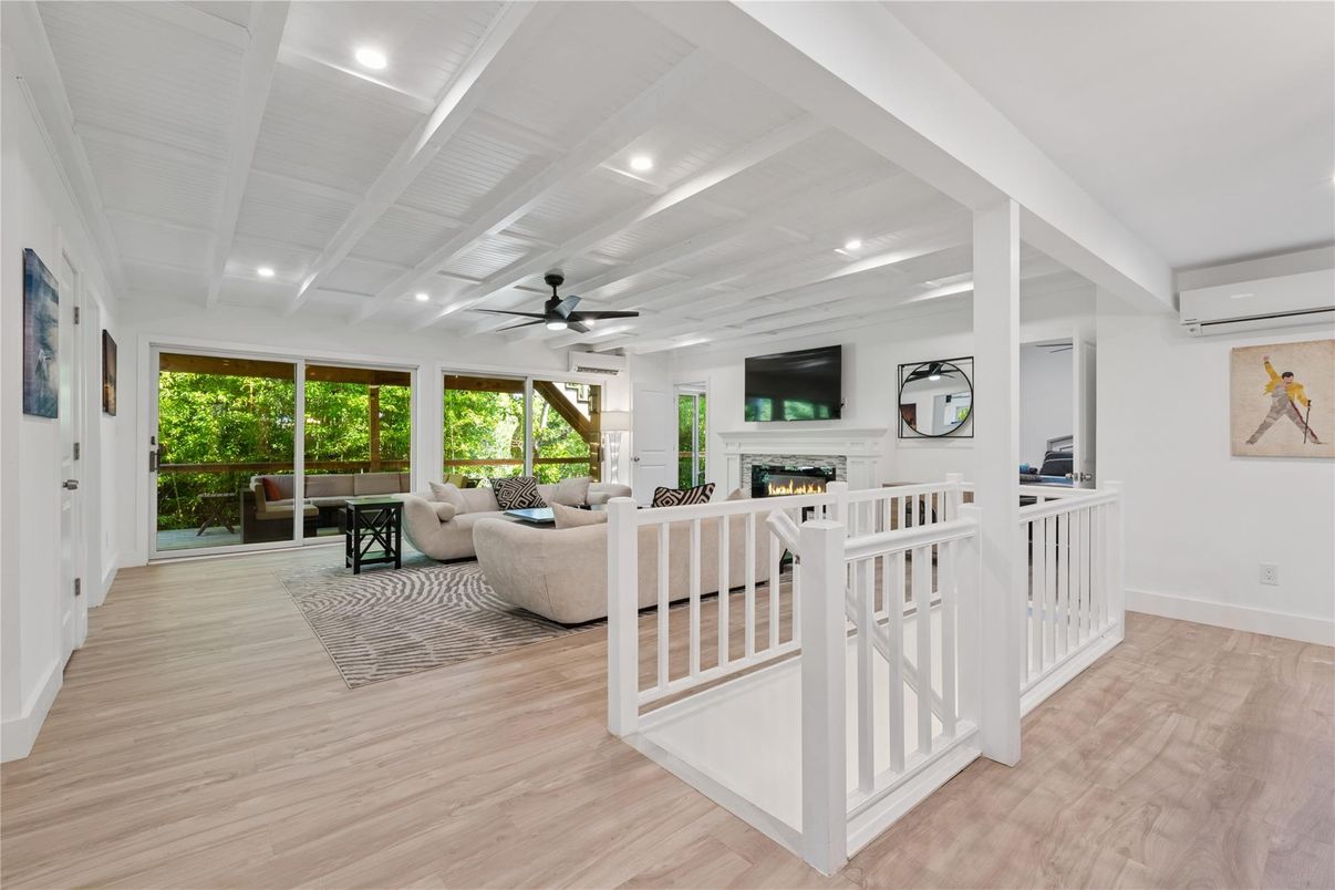Fireplace, Interior, Living room, Recessed Lighting, Wood Texture Flooring