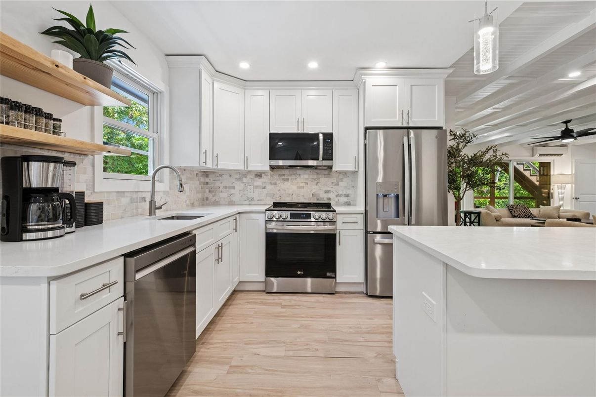 Interior, Kitchen, Recessed Lighting, Stainless Steel Appliances, Wood Texture Flooring