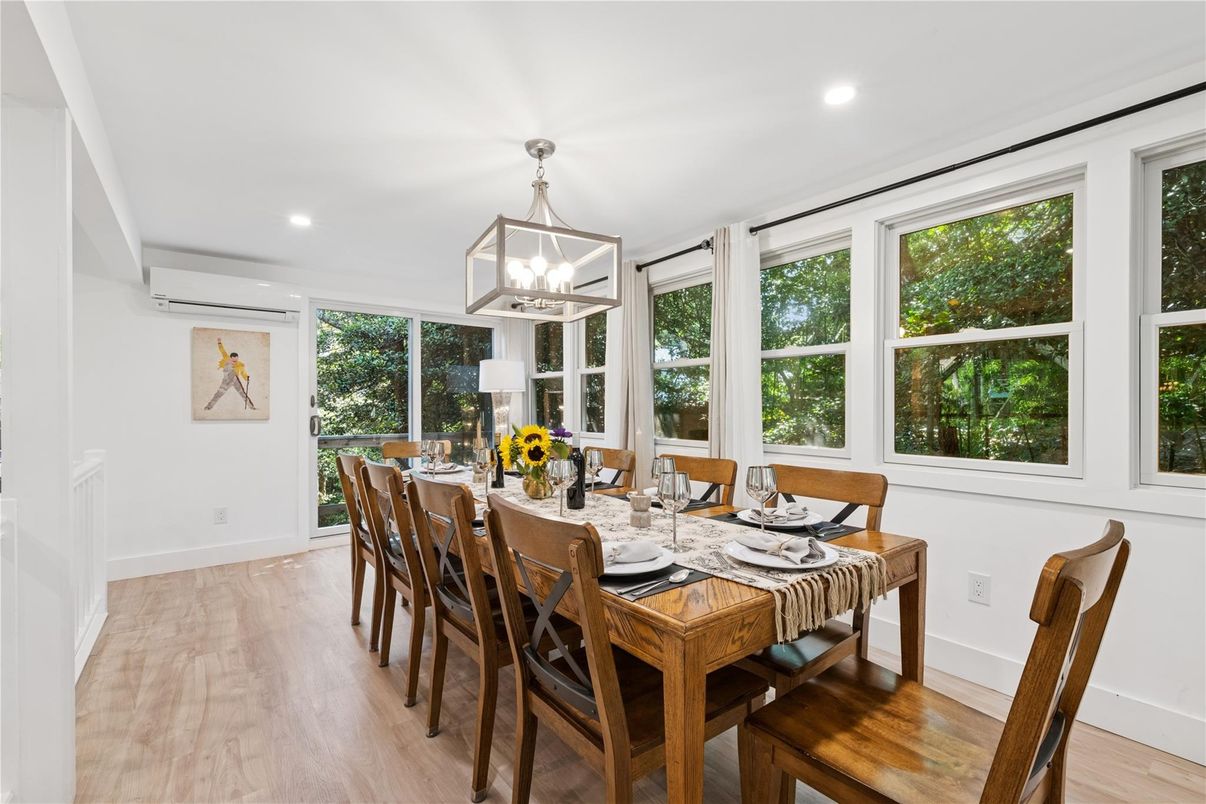 Dining room, Interior, Pendant Lights, Recessed Lighting, Wood Texture Flooring