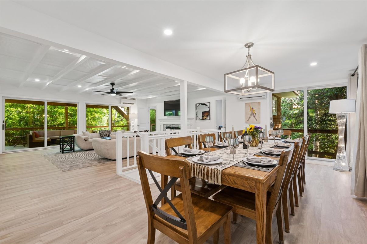 Dining room, Fireplace, Interior, Living room, Pendant Lights, Recessed Lighting, Wood Texture Flooring