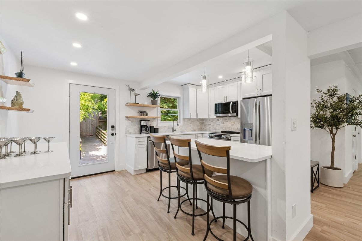 Interior, Kitchen, Pendant Lights, Recessed Lighting, Stainless Steel Appliances, Wood Texture Flooring