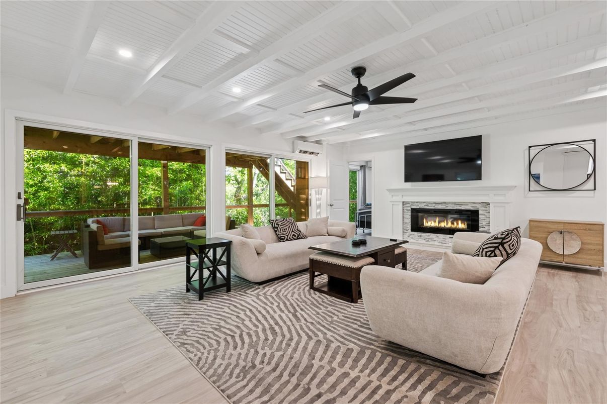 Fireplace, Interior, Living room, Recessed Lighting, Wood Texture Flooring