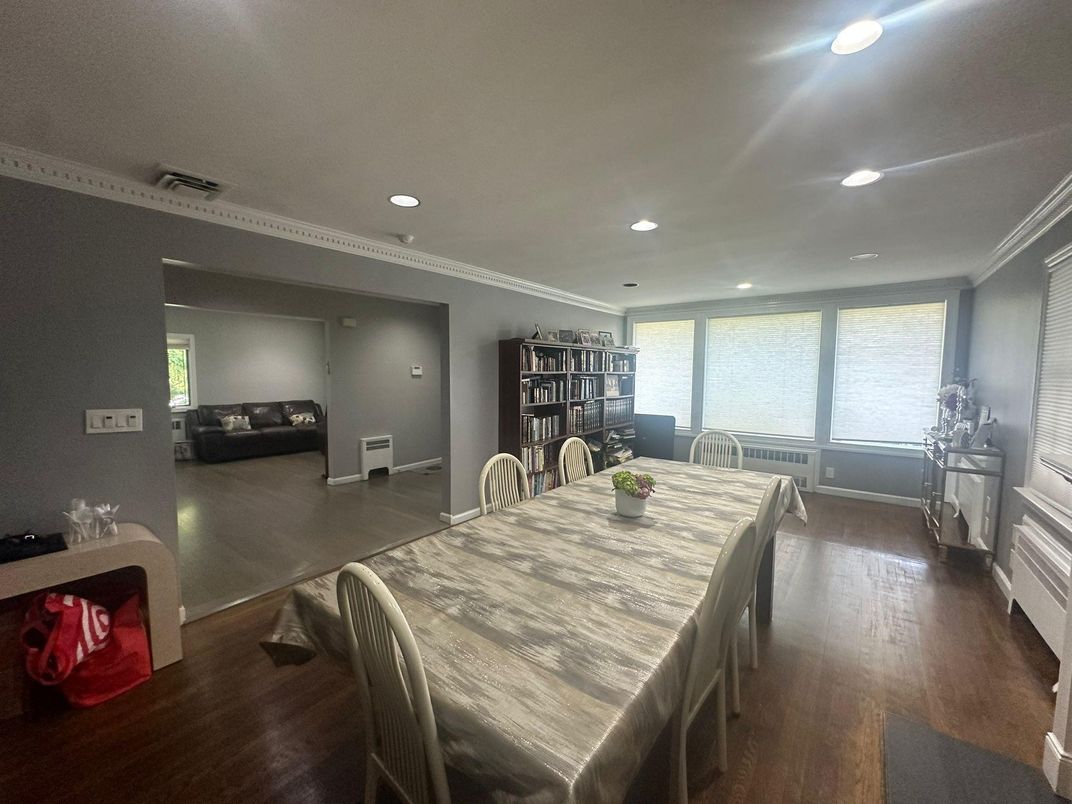 Dining room, Interior, Recessed Lighting, Wood Texture Flooring