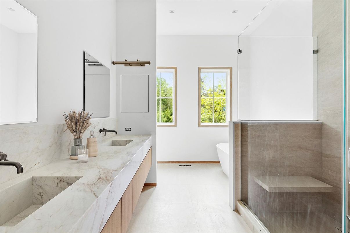 Bathroom, Dual Sink Vanities, Free Standing Baths, Glass Shower, Interior, Marble