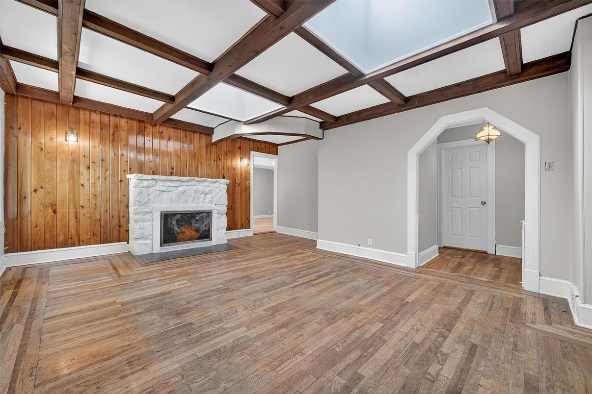 Empty room, Fireplace, Interior, Wooden Beams, Wood Texture Flooring, Wooden Walls