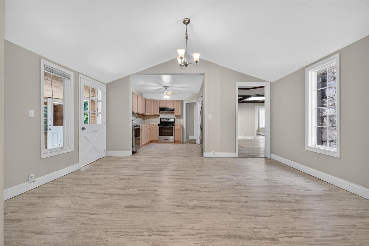 Chandelier, Empty room, Interior, Kitchen, Stainless Steel Appliances, Wood Texture Flooring