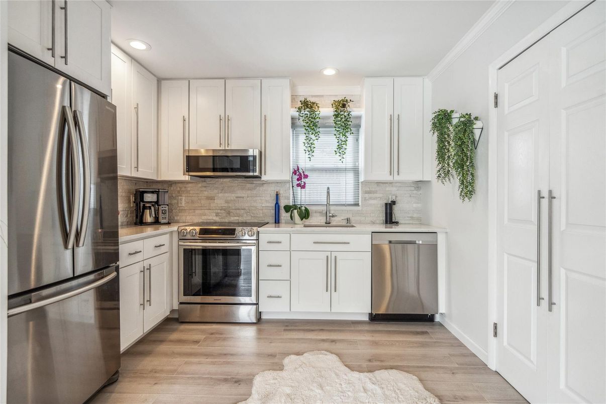 Interior, Kitchen, Recessed Lighting, Stainless Steel Appliances, Wood Texture Flooring