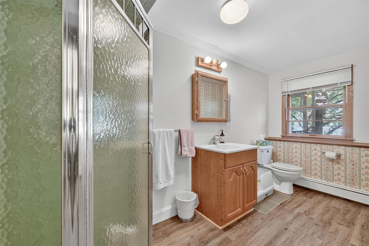 Bathroom, Glass Shower, Interior, Wood Texture Flooring