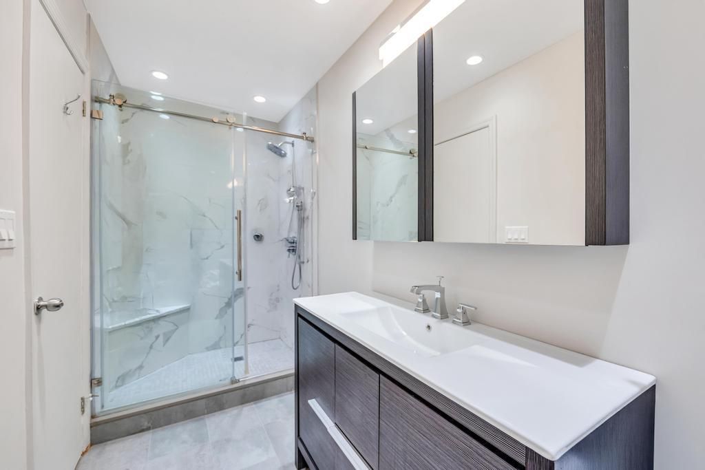 Bathroom, Glass Shower, Interior, Marble Walls, Recessed Lighting