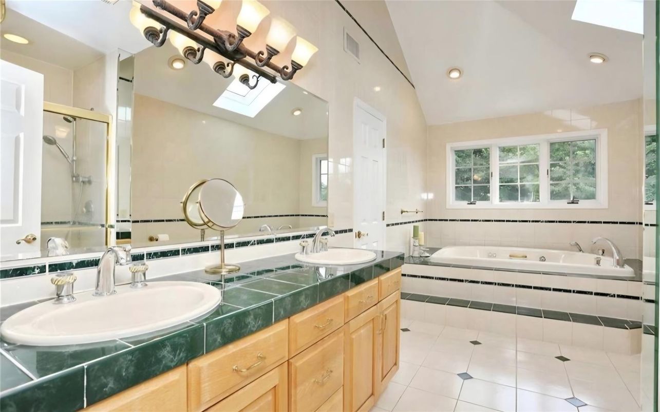 Bathroom, Dual Sink Vanities, Interior, Recessed Lighting, Tile Countertops