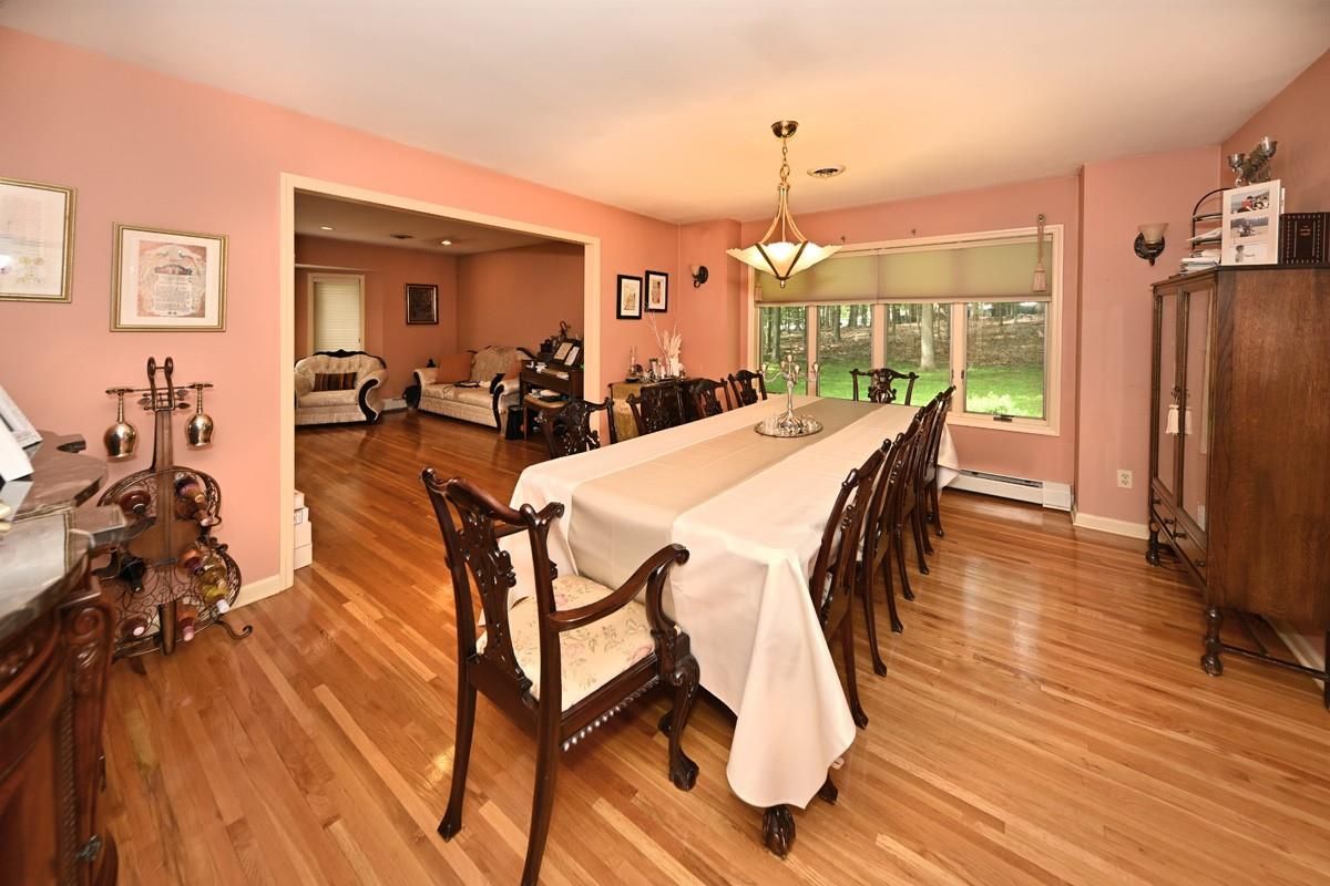 Dining room, Interior, Pendant Lights, Recessed Lighting, Wood Texture Flooring