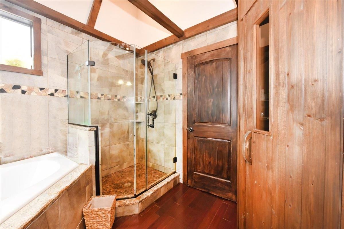 Bathroom, Glass Shower, Interior, Wood Texture Flooring