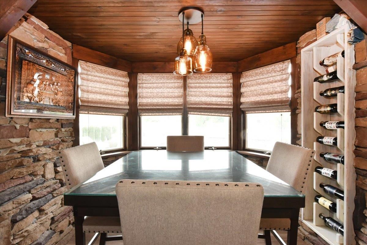 Home Office, Interior, Pendant Lights, Stone Walls, Wooden Ceilings