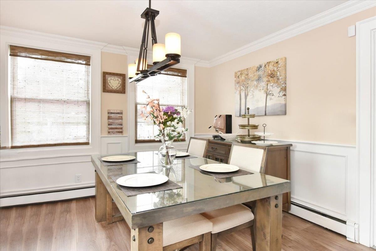 Dining room, Interior, Pendant Lights, Wood Texture Flooring