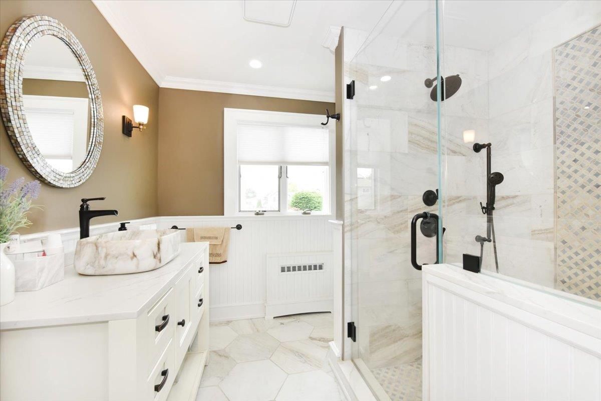 Bathroom, Glass Shower, Interior, Marble Walls, Recessed Lighting