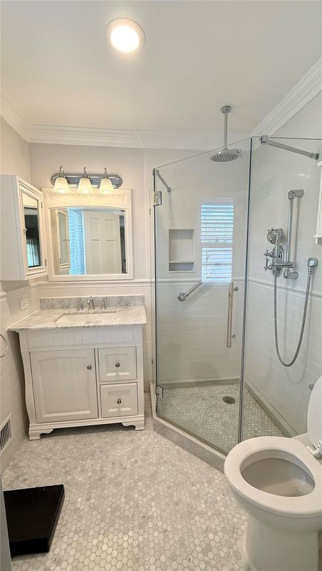 Bathroom, Dual Sink Vanities, Glass Shower, Interior, Recessed Lighting