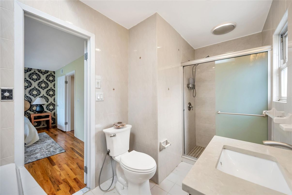 Bathroom, Glass Shower, Interior, Wood Texture Flooring