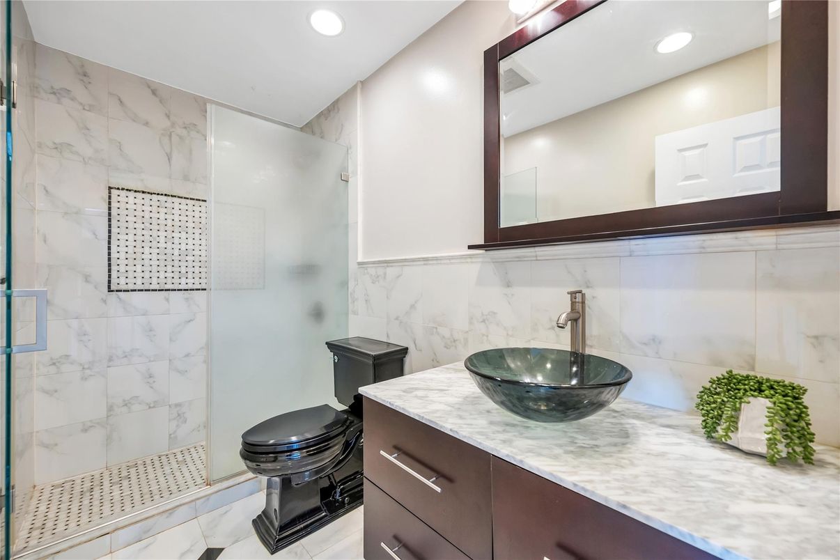 Bathroom, Glass Shower, Interior, Marble Walls, Recessed Lighting