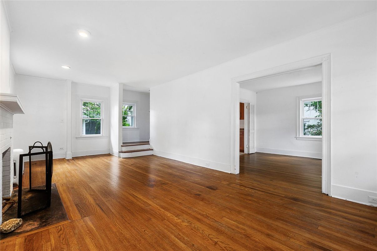 Empty room, Fireplace, Interior, Recessed Lighting, Wood Texture Flooring