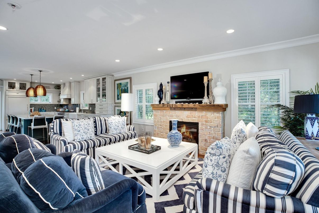 Dining room, Fireplace, Interior, Kitchen, Living room, Pendant Lights, Recessed Lighting, Stainless Steel Appliances