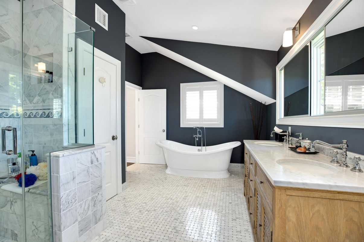 Bathroom, Dual Sink Vanities, Free Standing Baths, Glass Shower, Interior, Marble Walls, Recessed Lighting