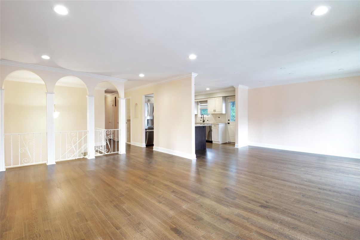 Empty room, Interior, Kitchen, Recessed Lighting, Wood Texture Flooring