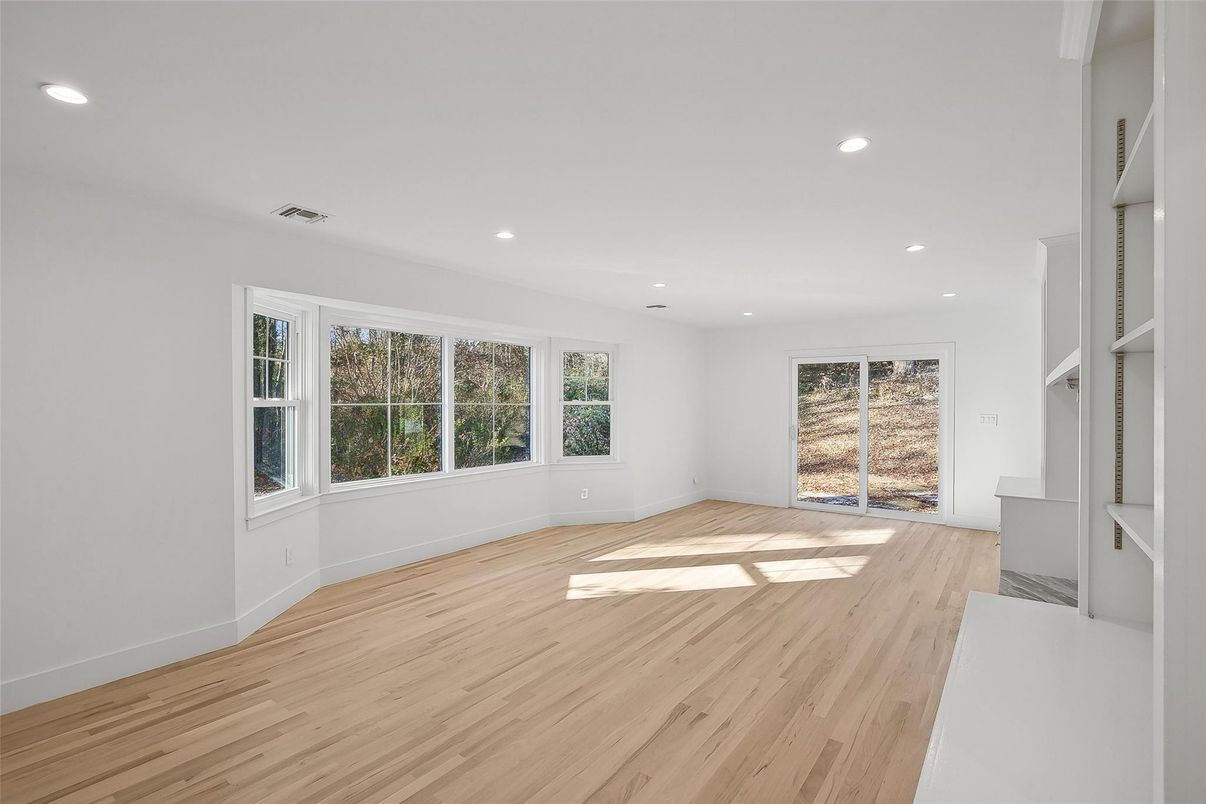 Empty room, Fireplace, Interior, Recessed Lighting, Wood Texture Flooring
