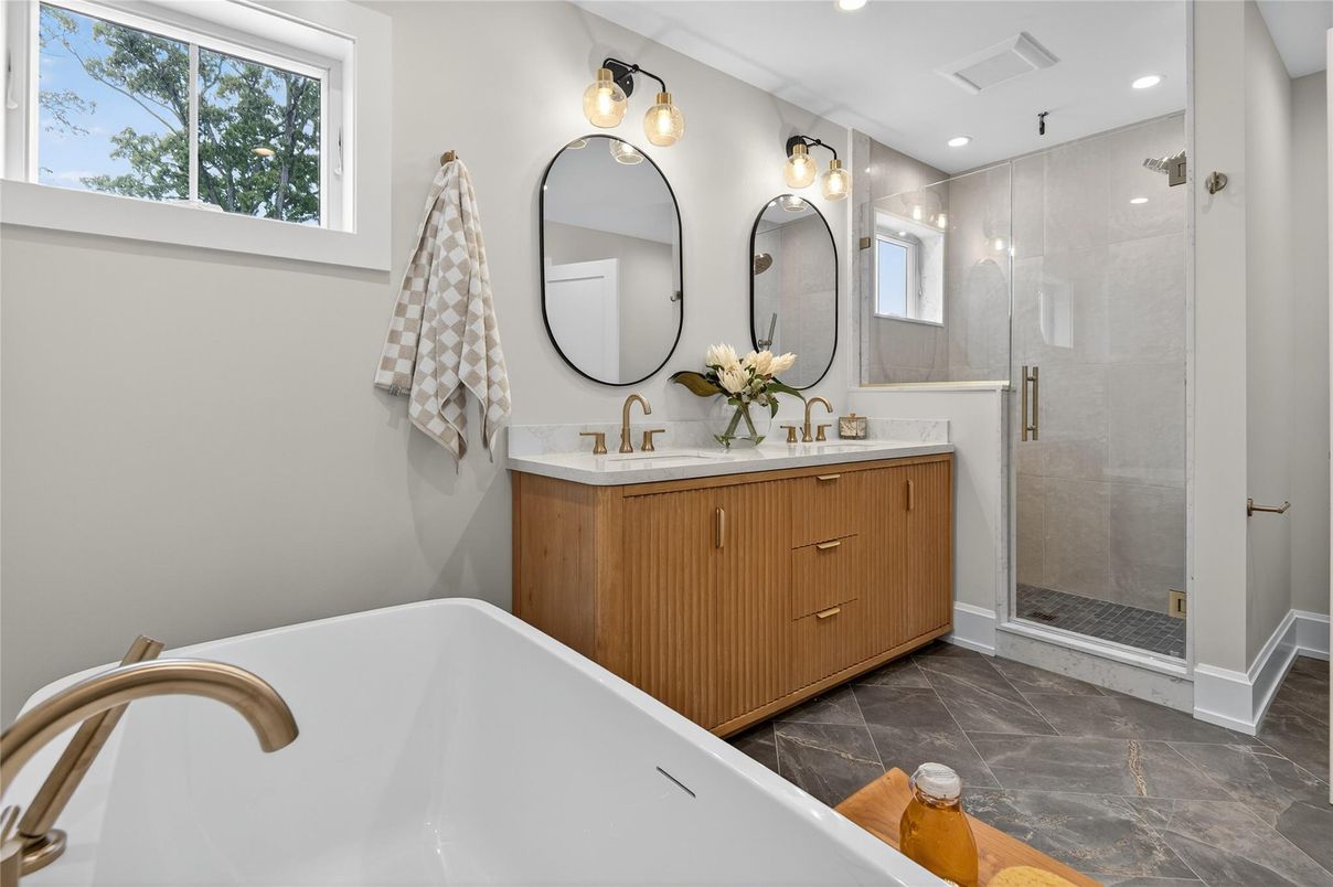 Bathroom, Dual Sink Vanities, Glass Shower, Interior, Recessed Lighting