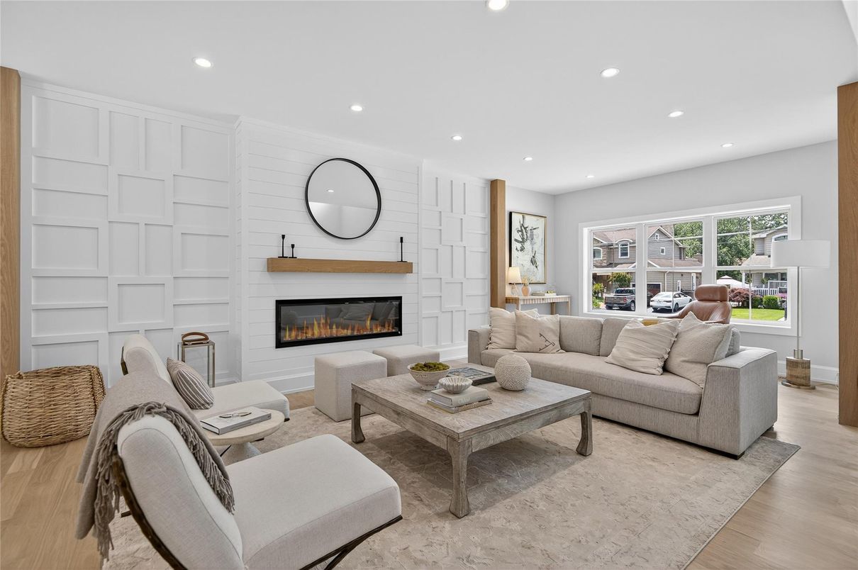Fireplace, Interior, Living room, Recessed Lighting, Wood Texture Flooring