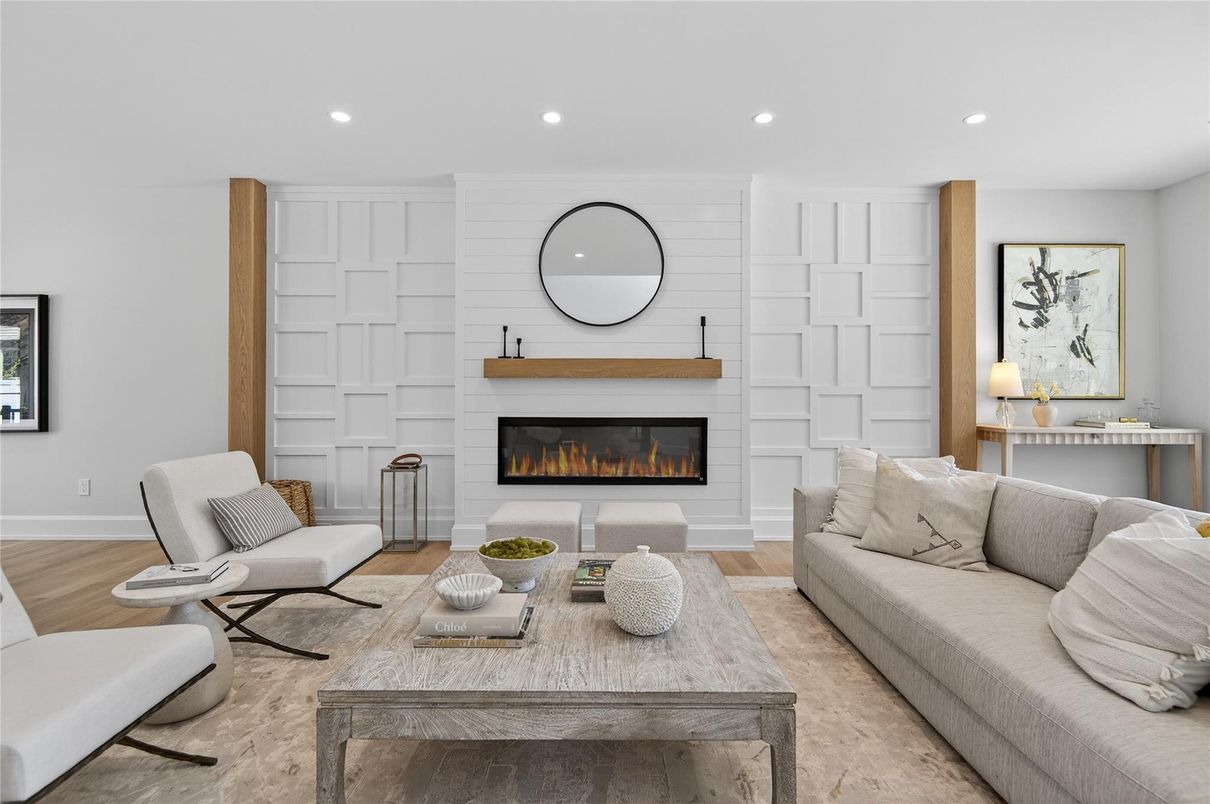 Fireplace, Interior, Living room, Recessed Lighting, Wood Texture Flooring