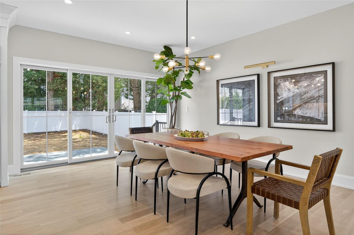 Dining room, Interior, Pendant Lights, Recessed Lighting, Wood Texture Flooring