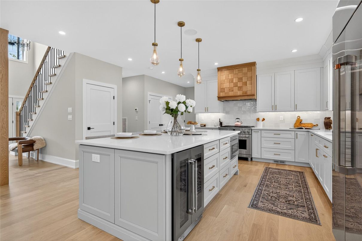 Interior, Kitchen, Pendant Lights, Recessed Lighting, Stainless Steel Appliances, Wood Texture Flooring