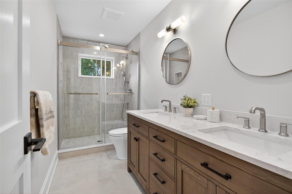 Bathroom, Dual Sink Vanities, Glass Shower, Interior, Recessed Lighting