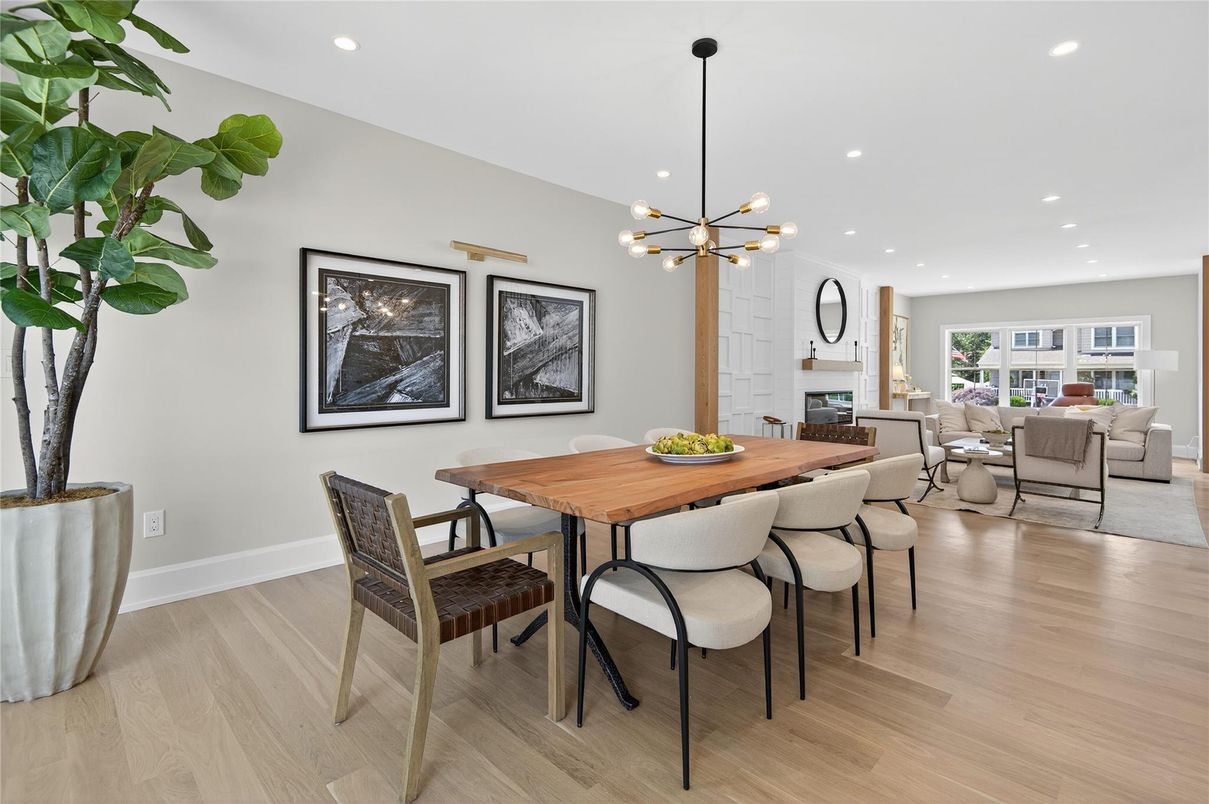 Dining room, Interior, Living room, Pendant Lights, Recessed Lighting, Wood Texture Flooring